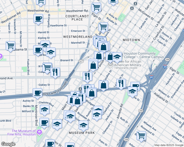 map of restaurants, bars, coffee shops, grocery stores, and more near 4201 Main Street in Houston