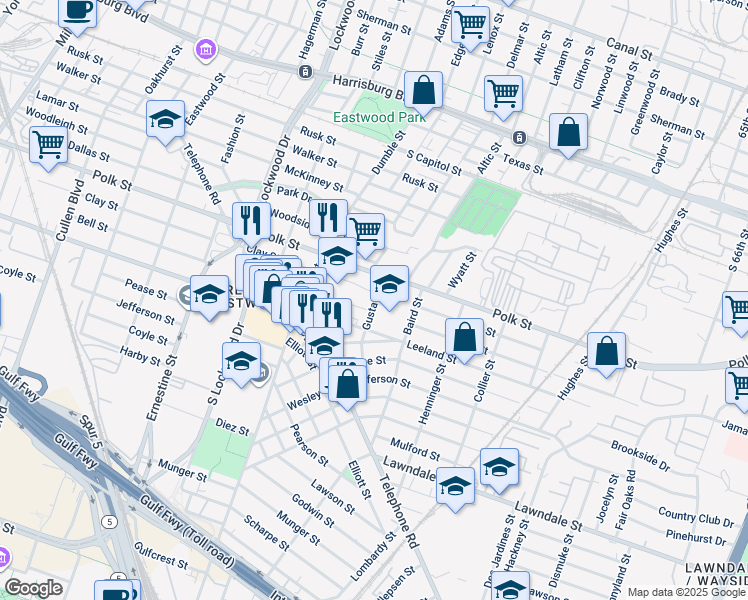 map of restaurants, bars, coffee shops, grocery stores, and more near 1402 Gustav Street in Houston