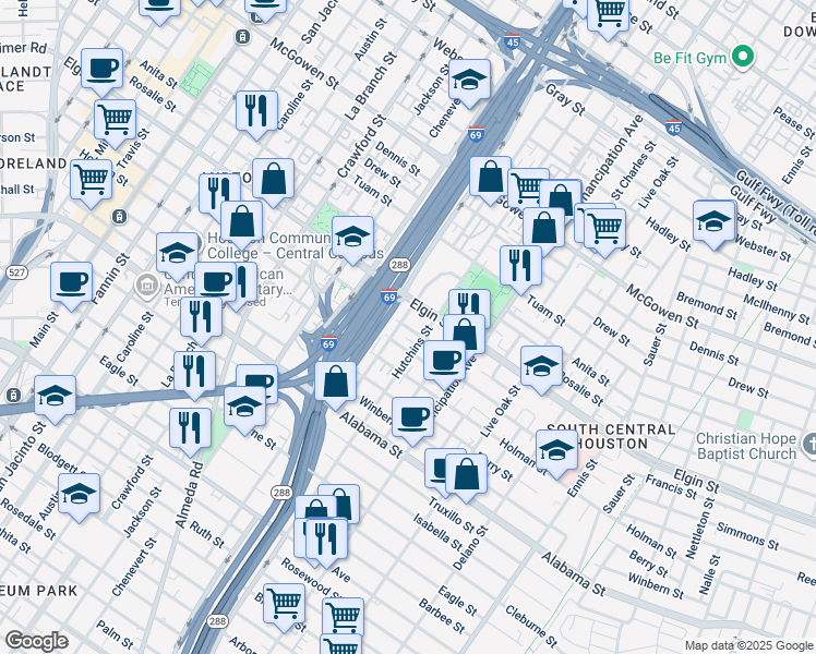 map of restaurants, bars, coffee shops, grocery stores, and more near 2102 Francis Street in Houston