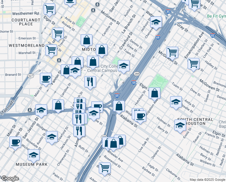 map of restaurants, bars, coffee shops, grocery stores, and more near 3603 Chenevert Street in Houston