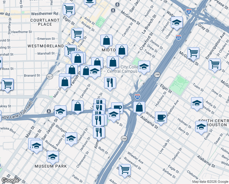 map of restaurants, bars, coffee shops, grocery stores, and more near 3711 Almeda Road in Houston