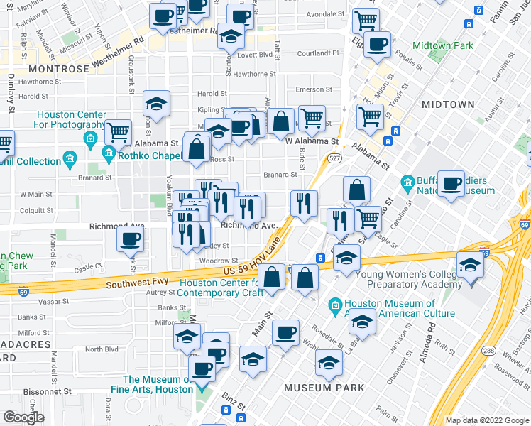 map of restaurants, bars, coffee shops, grocery stores, and more near 511 Richmond Avenue in Houston
