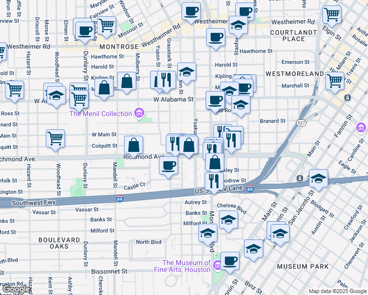 map of restaurants, bars, coffee shops, grocery stores, and more near in Houston