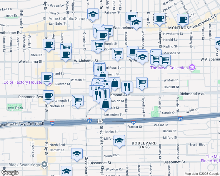 map of restaurants, bars, coffee shops, grocery stores, and more near 2024 Richmond Avenue in Houston