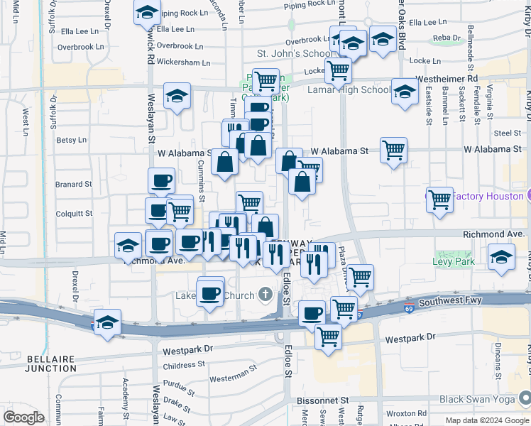 map of restaurants, bars, coffee shops, grocery stores, and more near 3350 Edloe Street in Houston