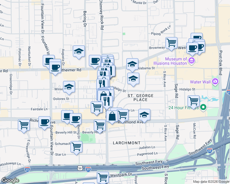 map of restaurants, bars, coffee shops, grocery stores, and more near 3201 McCulloch Circle in Houston
