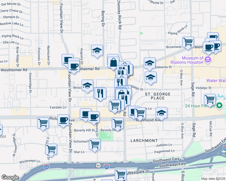 map of restaurants, bars, coffee shops, grocery stores, and more near 5606 Dolores Street in Houston