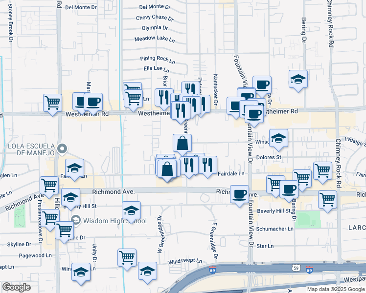 map of restaurants, bars, coffee shops, grocery stores, and more near 3002 Greenridge Drive in Houston