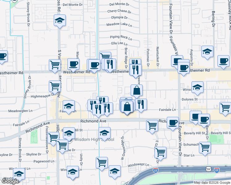 map of restaurants, bars, coffee shops, grocery stores, and more near 2900 Briarhurst Drive in Houston