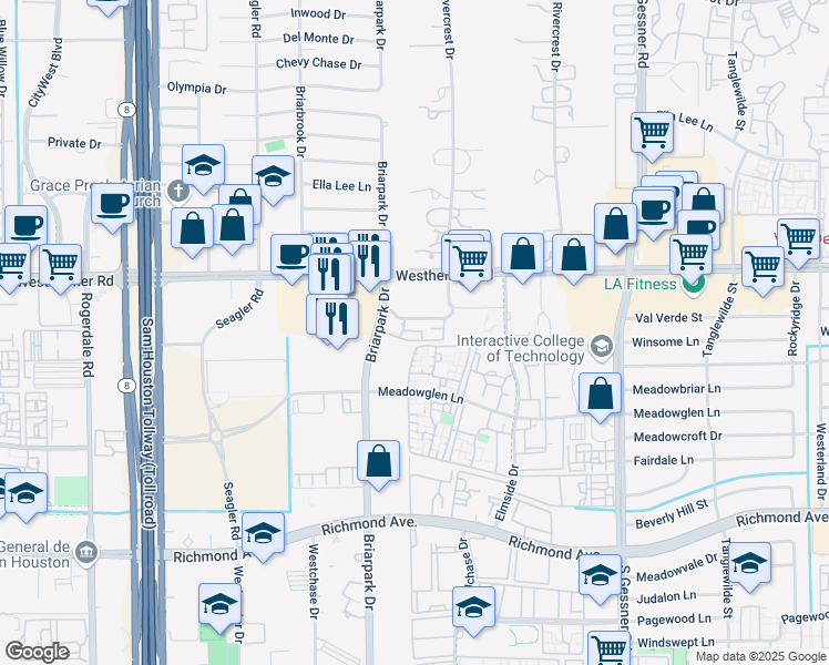 map of restaurants, bars, coffee shops, grocery stores, and more near 9850 Meadowglen Lane in Houston