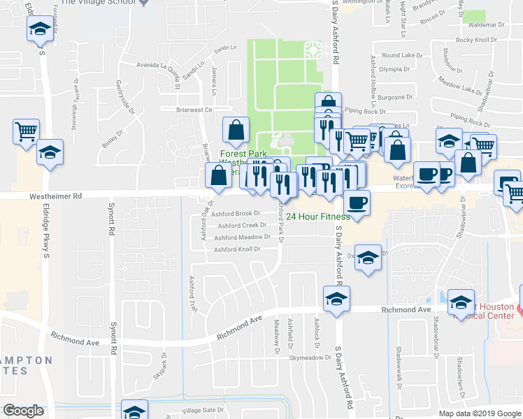 map of restaurants, bars, coffee shops, grocery stores, and more near 12710 Ashford Creek Drive in Houston