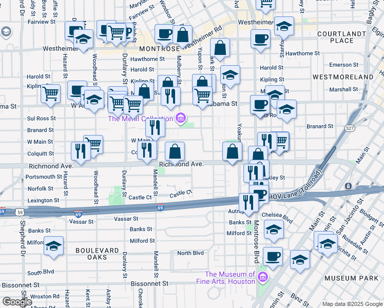 map of restaurants, bars, coffee shops, grocery stores, and more near 1400 Richmond Avenue in Houston
