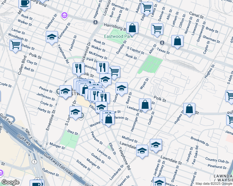 map of restaurants, bars, coffee shops, grocery stores, and more near 1402 Gustav Street in Houston