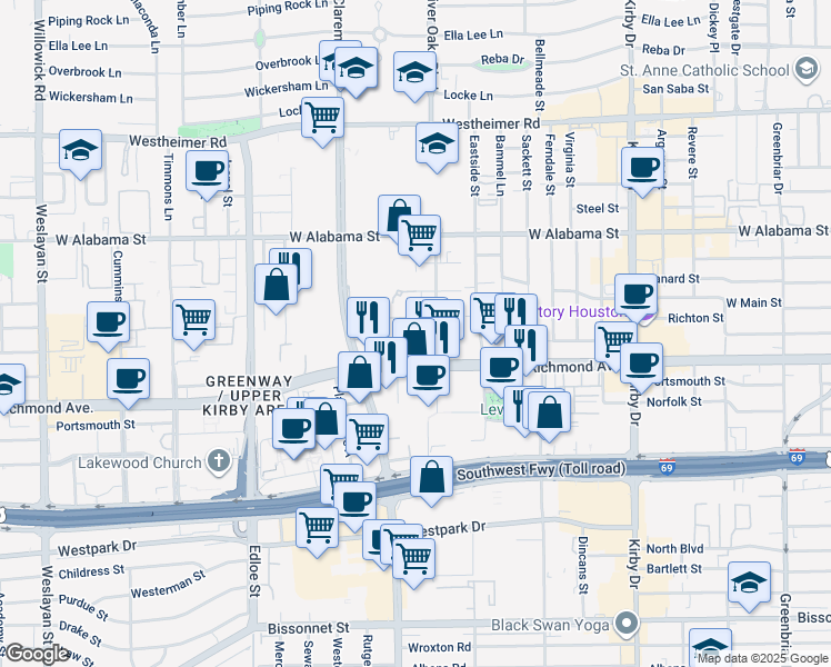 map of restaurants, bars, coffee shops, grocery stores, and more near 3133 Buffalo Speedway in Houston