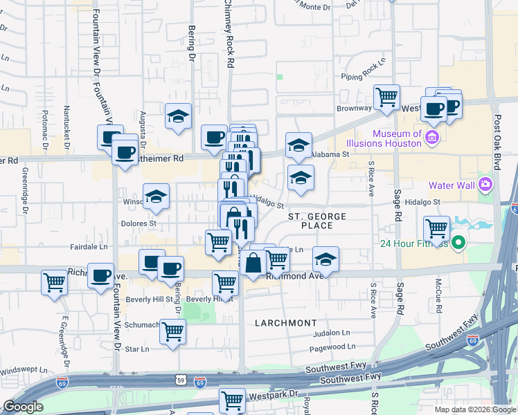 map of restaurants, bars, coffee shops, grocery stores, and more near 3201 McCulloch Circle in Houston