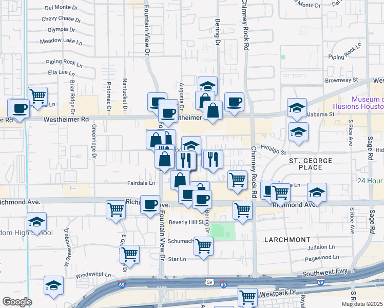 map of restaurants, bars, coffee shops, grocery stores, and more near 5806 Dolores Street in Houston