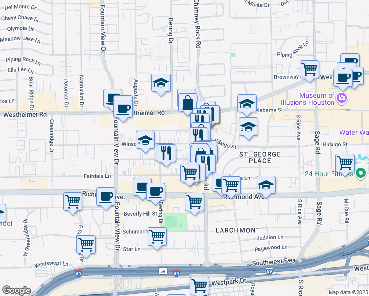 map of restaurants, bars, coffee shops, grocery stores, and more near 5606 Dolores Street in Houston