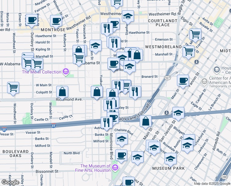 map of restaurants, bars, coffee shops, grocery stores, and more near in Houston
