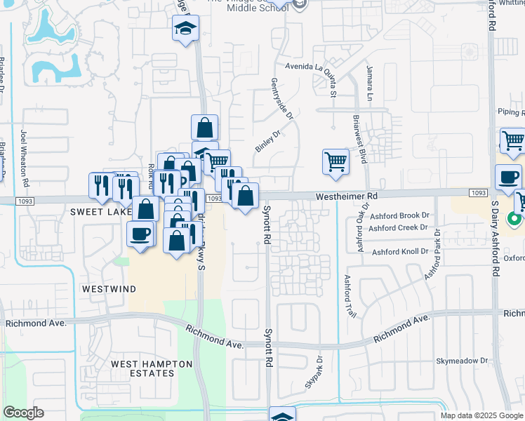 map of restaurants, bars, coffee shops, grocery stores, and more near 13111 Westheimer Road in Houston