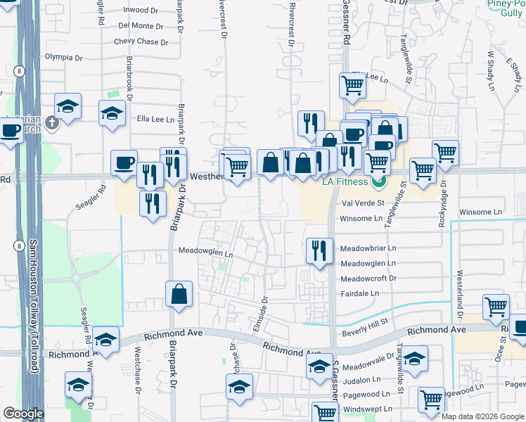 map of restaurants, bars, coffee shops, grocery stores, and more near 2727 Elmside Drive in Houston