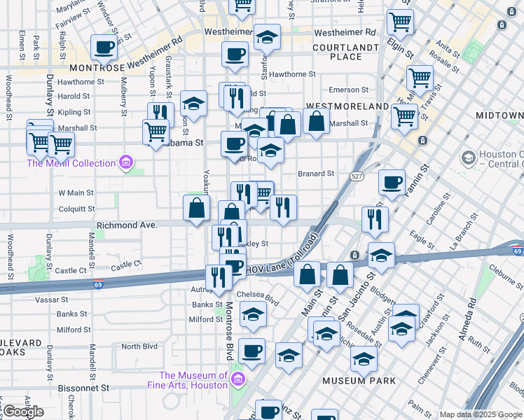 map of restaurants, bars, coffee shops, grocery stores, and more near 4202 Stanford Street in Houston