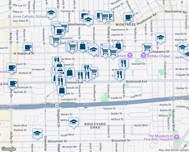 map of restaurants, bars, coffee shops, grocery stores, and more near Colquitt Street in Houston