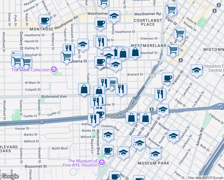 map of restaurants, bars, coffee shops, grocery stores, and more near 813 Richmond Avenue in Houston