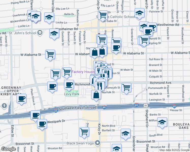 map of restaurants, bars, coffee shops, grocery stores, and more near 2635 Colquitt Street in Houston