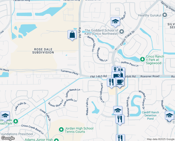 map of restaurants, bars, coffee shops, grocery stores, and more near 27827 Hunters Rock Lane in Katy
