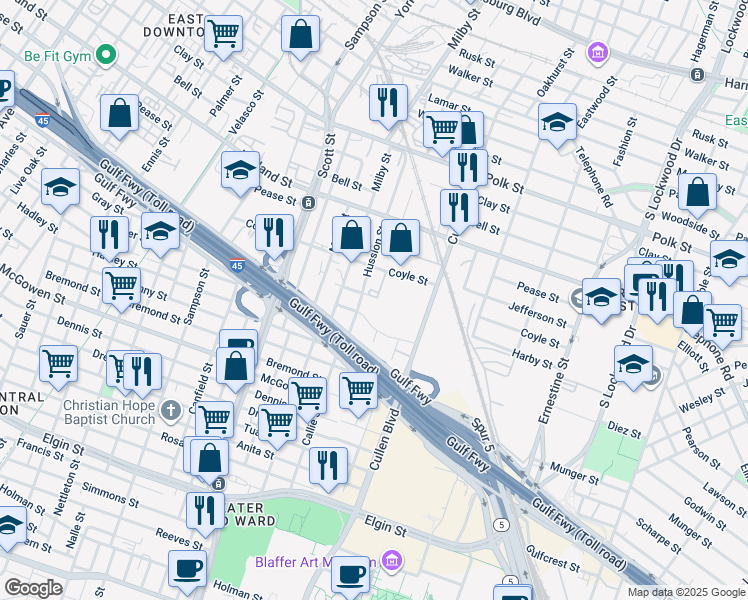 map of restaurants, bars, coffee shops, grocery stores, and more near Winchester in Houston