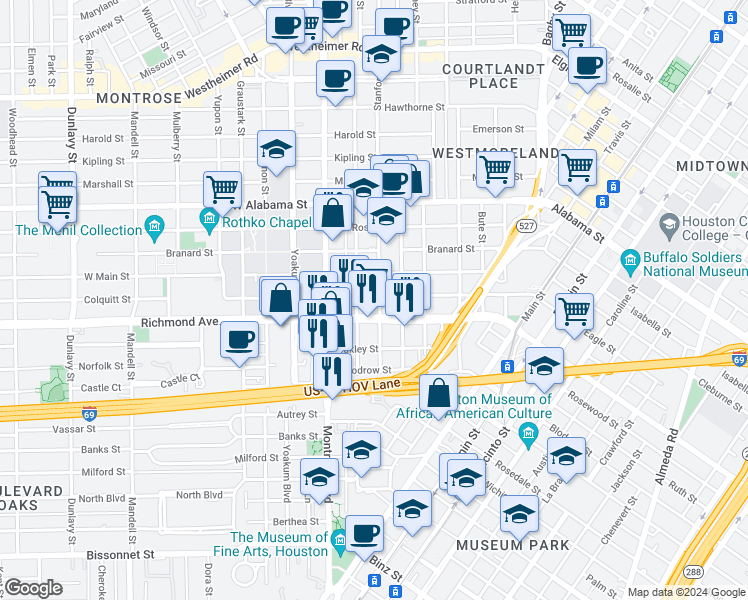 map of restaurants, bars, coffee shops, grocery stores, and more near 813 Richmond Avenue in Houston