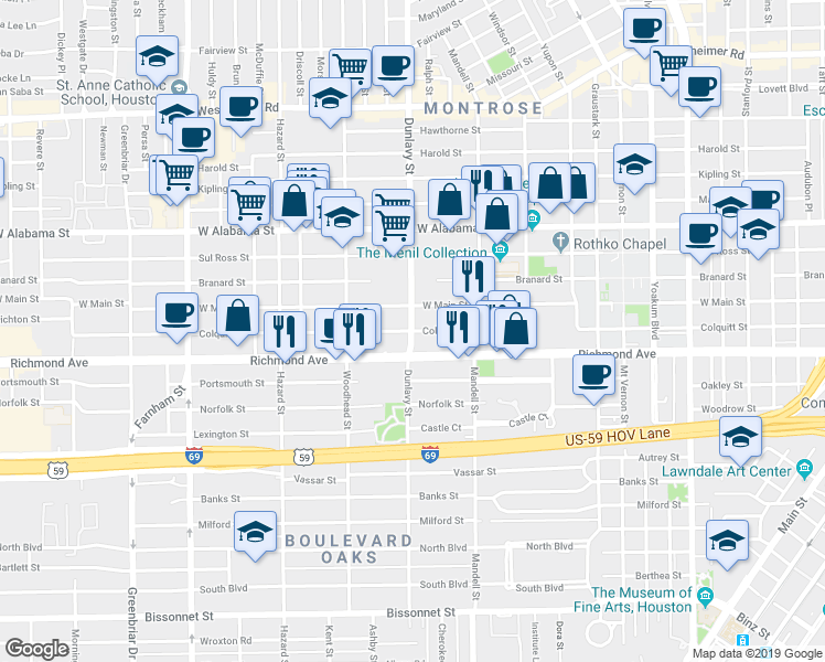 map of restaurants, bars, coffee shops, grocery stores, and more near Dunlavy St & Colquitt St in Houston