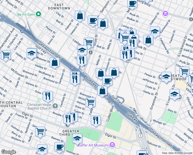 map of restaurants, bars, coffee shops, grocery stores, and more near in Houston