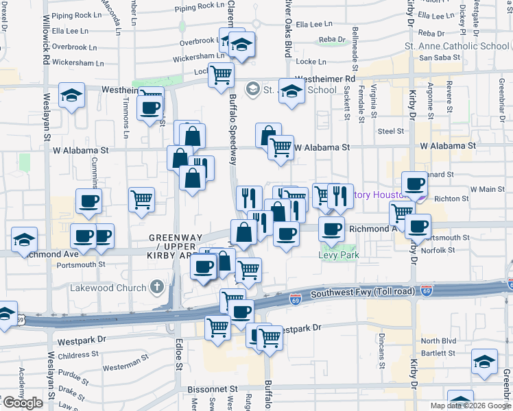 map of restaurants, bars, coffee shops, grocery stores, and more near 3133 Buffalo Speedway in Houston