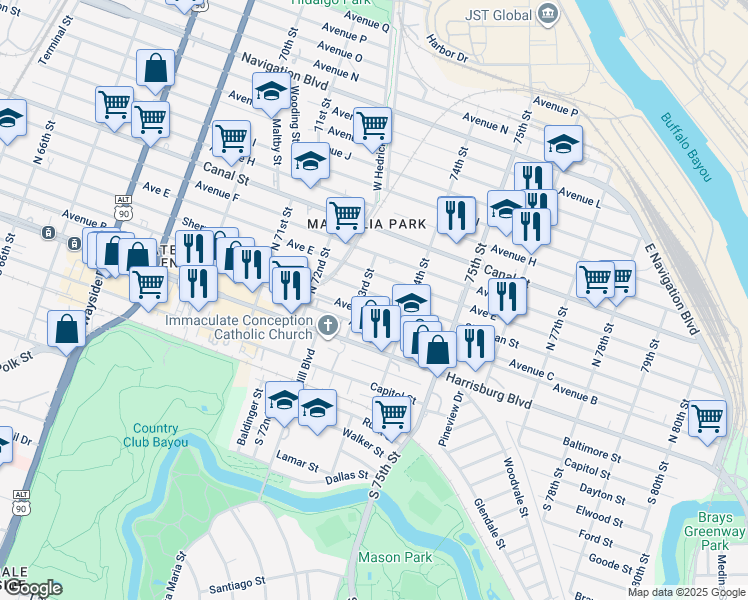 map of restaurants, bars, coffee shops, grocery stores, and more near 7310 Sherman Street in Houston