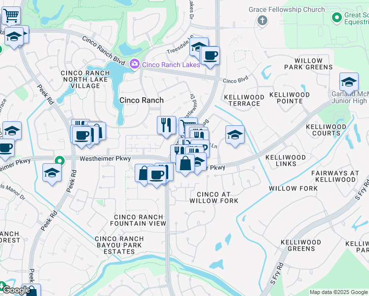 map of restaurants, bars, coffee shops, grocery stores, and more near 22150 Westheimer Parkway in Katy