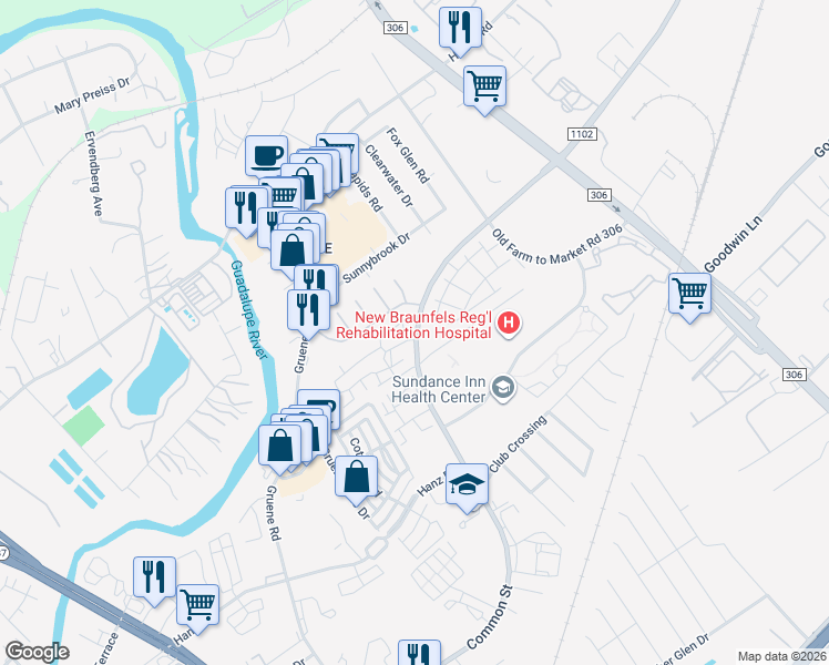 map of restaurants, bars, coffee shops, grocery stores, and more near 2294 Common Street in New Braunfels