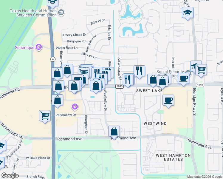 map of restaurants, bars, coffee shops, grocery stores, and more near 2525 Westhollow Drive in Houston