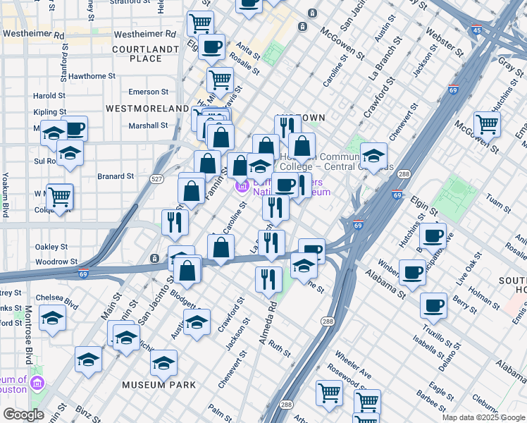 map of restaurants, bars, coffee shops, grocery stores, and more near 4001 Austin Street in Houston
