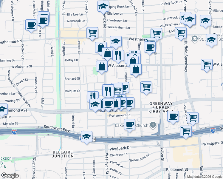 map of restaurants, bars, coffee shops, grocery stores, and more near 3333 Weslayan Street in Houston
