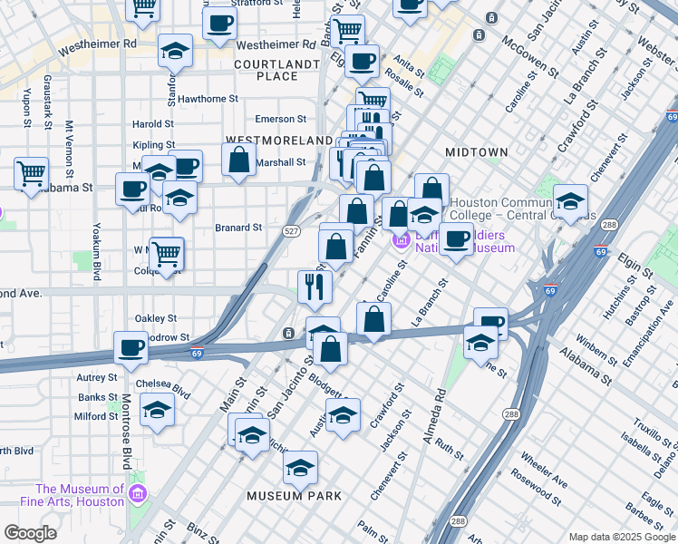 map of restaurants, bars, coffee shops, grocery stores, and more near 4002 Fannin Street in Houston