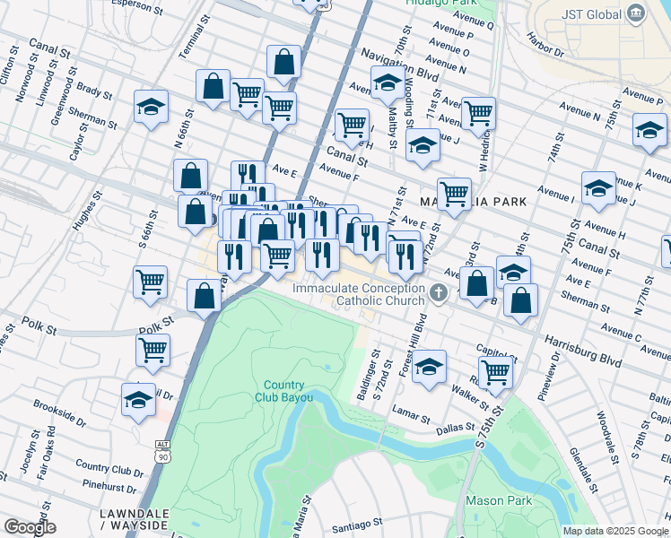 map of restaurants, bars, coffee shops, grocery stores, and more near 6949 Harrisburg Boulevard in Houston