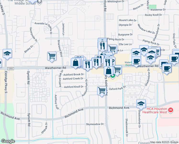 map of restaurants, bars, coffee shops, grocery stores, and more near 12711 Farm to Market Road 1093 in Houston