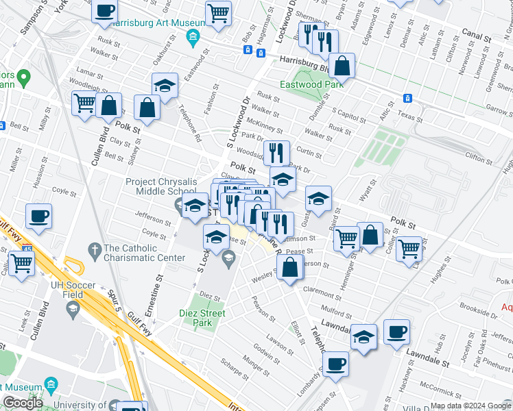 map of restaurants, bars, coffee shops, grocery stores, and more near 4726 Clay Street in Houston