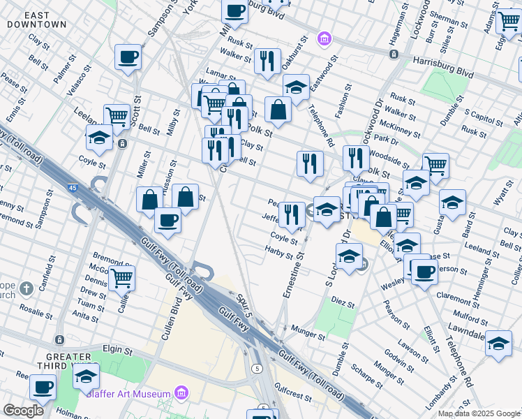 map of restaurants, bars, coffee shops, grocery stores, and more near 4327 Pease Street in Houston