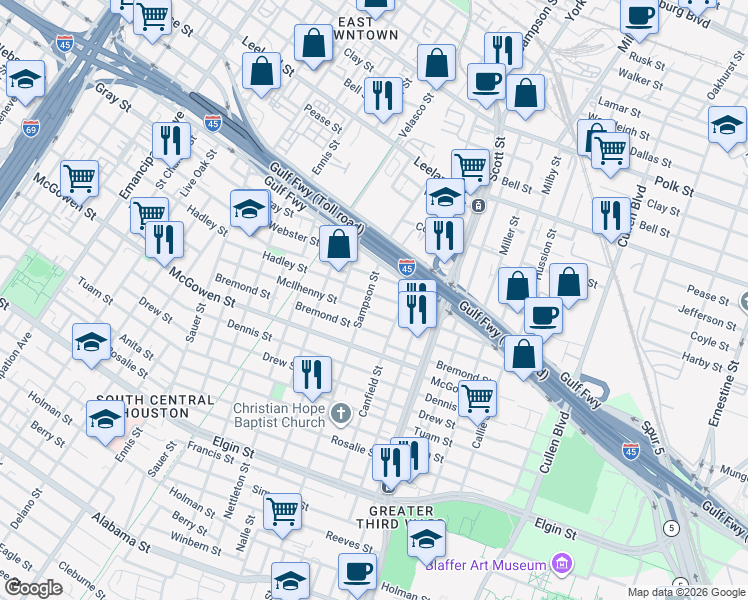 map of restaurants, bars, coffee shops, grocery stores, and more near 2201 Sampson Street in Houston