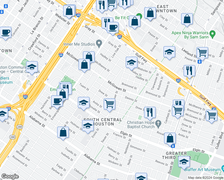 map of restaurants, bars, coffee shops, grocery stores, and more near 2815 McGowen Street in Houston