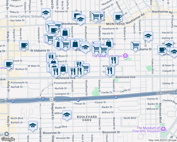 map of restaurants, bars, coffee shops, grocery stores, and more near 1800 West Main Street in Houston