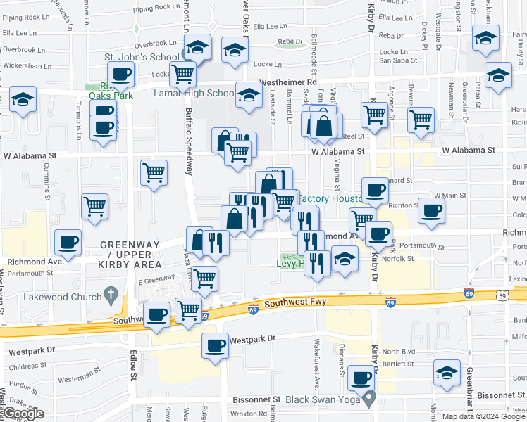 map of restaurants, bars, coffee shops, grocery stores, and more near 3270 West Main Street in Houston