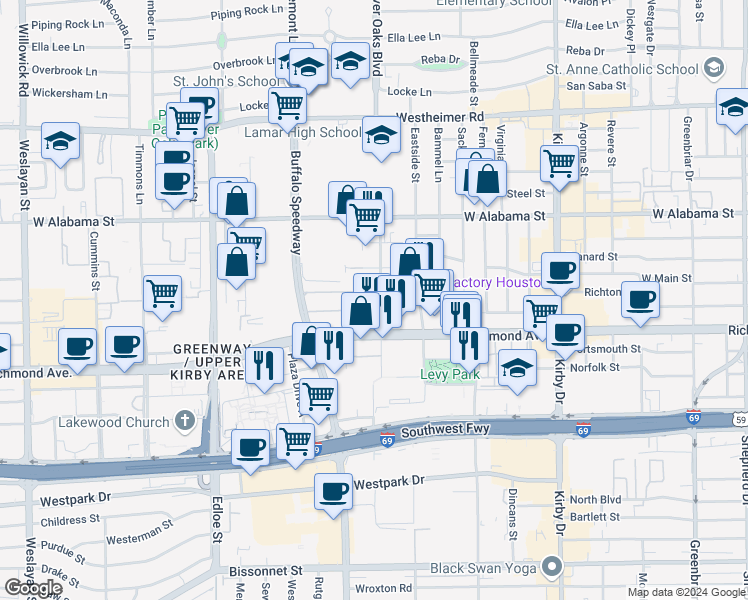 map of restaurants, bars, coffee shops, grocery stores, and more near 3314 West Main Street in Houston